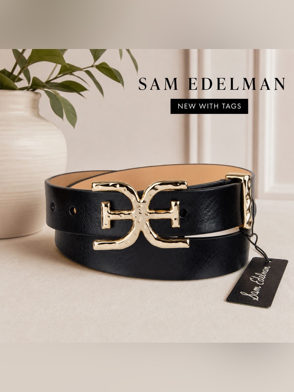 NWT • Sam Edelman • Women's Double-e Plaque Logo Hammered Leather Belt • Sz L